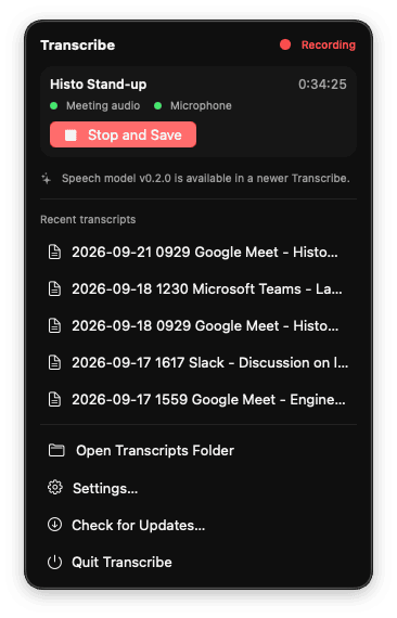 Transcribe's menu bar panel, recording a Google Meet call and listing recent transcripts